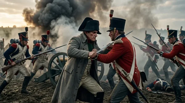 Napoleón Bonaparte: En Waterloo, defendiendo un cañón francés contra la infantería británica en un cuerpo a cuerpo desesperado.