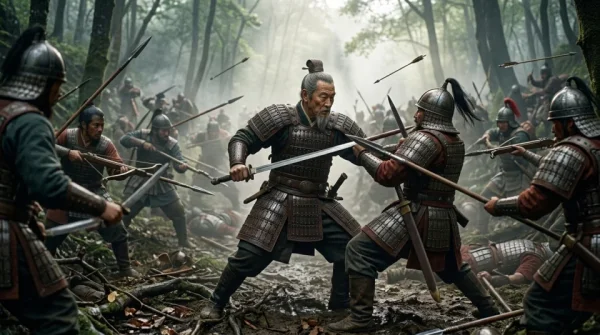 Sun Tzu: Durante una emboscada en un bosque brumoso, combatiendo a corta distancia con su espada contra un soldado del estado de Chu.