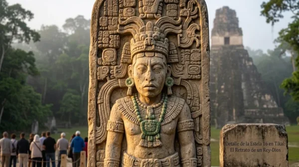 Detalle de la Estela 16 en Tikal: El Retrato de un Rey-Dios.