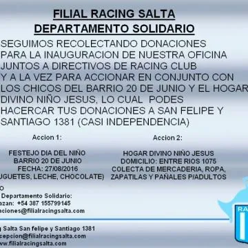 La Filial de Racing en Salta se encuentra recolectando materiales para los necesitados.