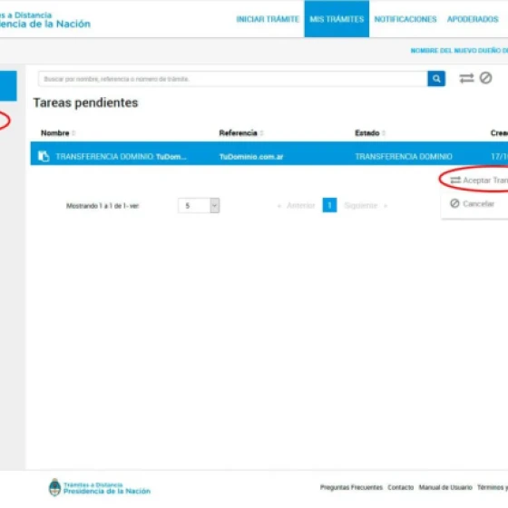 Aceptar la transferencia del dominio