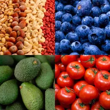 Frutos secos, arándanos, palta y tomate